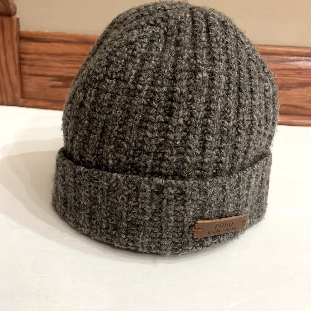 Boys POLO RALPH LAUREN Marino wool beanie hat LOGO leather patch charcoal gray